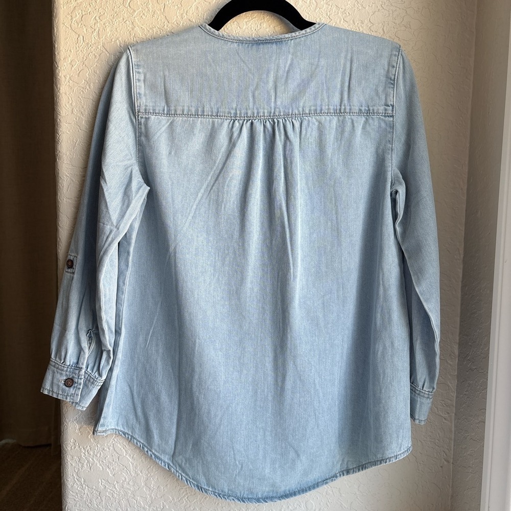 Womens PS Denim Blouse Blue Cotton Tie Neck Roll Tab Boho Cottage Coastal - Picture 4 of 7